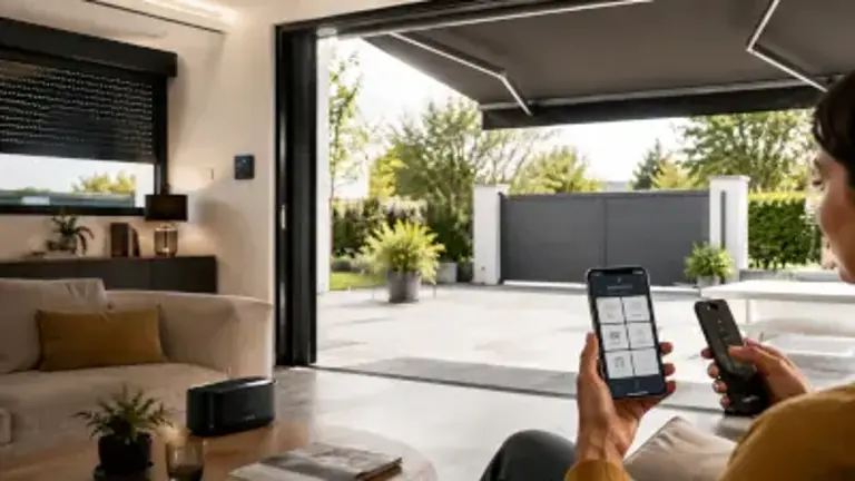 Banne motorisée Somfy pilotée par smartphone, installée à La Louvière par AC Innov