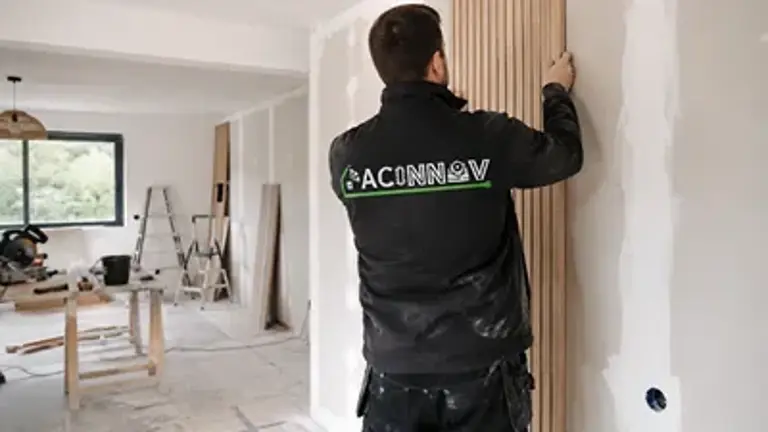 Technicien AC Innov posant un habillage bois lors d'une rénovation intérieure à La Louvière