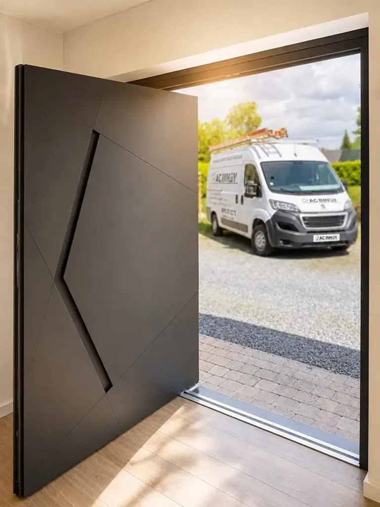 Porte d'entrée pivot noire et camion d'intervention AC Innov à La Louvière